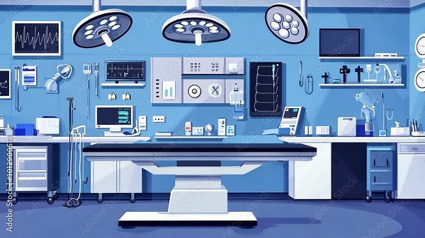 A sterile operating room is ready for surgery, with bright lights and all the necessary equipment