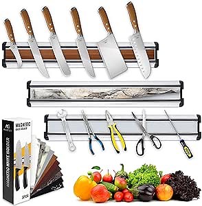 Knife Magnet Holder for Wall (Pack of 3) - Magnetic Knife Strip for Wall 10 inch - magnetic knife holder for Organizing Kitchen Utensils and Small Tools, HeavyDuty Magnetic Strip
