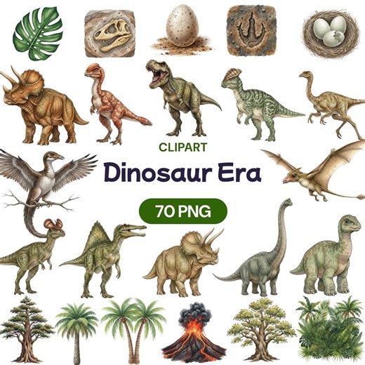 Dinosaur Era Clipart, 70 Watercolor Realistic Dino PNG, T-rex Triceratops, Jurassic Jungle, Prehistoric Volcano, Fossil Egg, Boy Birthday - Etsy