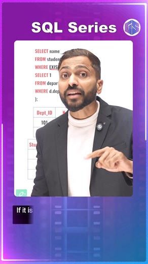 Gate Smashers on Instagram: "How EXISTS & NOT EXISTS Works | Correlated Query Example in SQL EXISTS and NOT EXISTS are powerful SQL operators used in correlated queries to filter data. In this short, Varun Sir explains how EXISTS and NOT EXISTS work using a simple example. Perfect for SQL beginners, DBMS learners, and interview preparation."