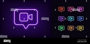 Neon video camera icon. Glowing neon camera sign, outline videography symbol with bubble. Video story stream and record, online presentation. Icon set Stock Vector Image & Art - Alamy