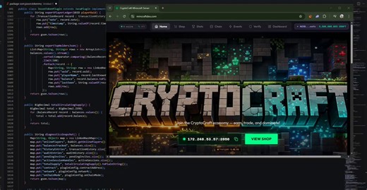 It's called CRAFT Blockchain, and it's not a wrapper around anything. It's a purpose-built transaction ledger for a real game economy. Players mine blocks, earn tokens, buy items from a shop, and every single event gets signed, timestamped, and written to the chain as an immutable record. Block number. Player identity. Item. Price. Delivery state. All of it.The architecture has three layers talking to each other in real time. The game plugin intercepts block-break events and fires HMAC-signed HT