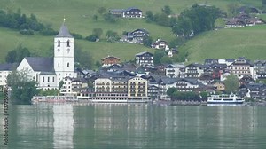 Zoom out view of St. Wolfgang on Lake Wolfgang (Wolfgangsee), in the state of Salzburg, Austria.