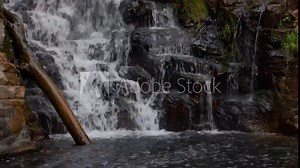 A powerful waterfall cascades into a popular swimming hole in the woods, creating a stunning and refreshing spot surrounded by lush greenery and natural beauty.