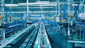 Assembly line in action as products move seamlessly through various stages of production at this industrial facility