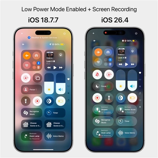 iOS 26 is laggier than iOS 18 when Low Power Mode and screen recording are enabled at the same time.