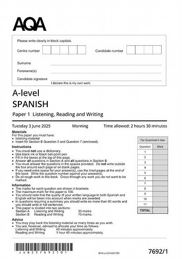 AQA A Level Spanish Paper 2 2025