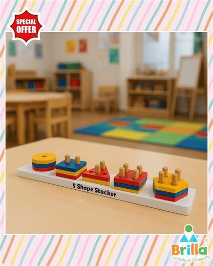 Montessori Materials - Wooden 5 Shape Stacker (15 pieces) for Kids
