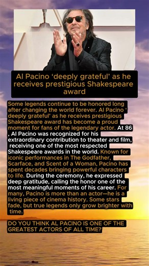At 86 Al Pacino Receives Major Shakespeare Honor 🎭 #alpacino #hollywood #legend #celebritynews #news