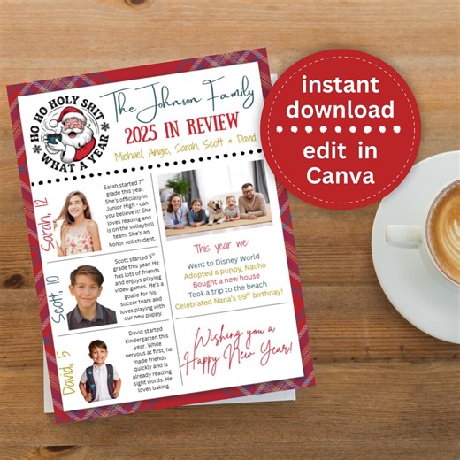Funny Christmas Newsletter Template – Editable Year in Review, Family Photo Holiday Card, Printable Download - Etsy