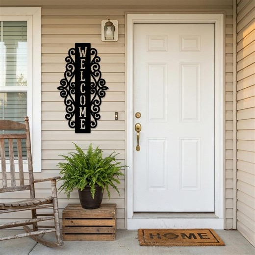 Vertical Welcome Porch Decor, Farmhouse Front Door Scroll Art, Outdoor Entryway Accent - Etsy