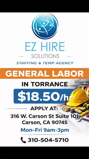 🚨 HIRING NOW – TORRANCE! 💰 $18.50/HR – Start ASAP 👷 Warehouse & General Labor Positions 📍 Walk in TODAY: 316 W. Carson St, Suite 101, Carson, CA 90745 ⏰ Mon-Fri | 9AM–3PM 📞 310-504-5710 💪 Strong? Hardworking? We want YOU! #TorranceJobs #GeneralLabor #NowHiring #WarehouseWork #WorkInCA @veritos_95 @Jocelyn @cristinafigueroa377