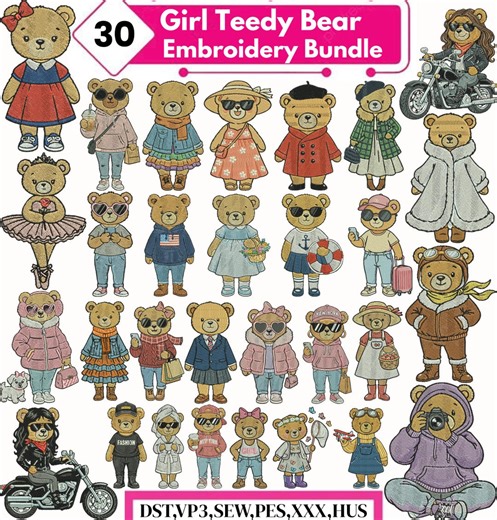 Girl Teddy Bear Embroidery Design Bundle, Cute Fashion Bear Embroidery Files, Girl Bear Machine Embroidery Patterns - Etsy