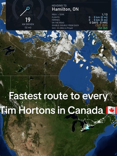 Replying to @rokashii Fastest route to every Tim Hortons in Canada - Data: © OpenStreetMap contributors, All The Places and GeoNames #maps #canada #roadtrip #geography