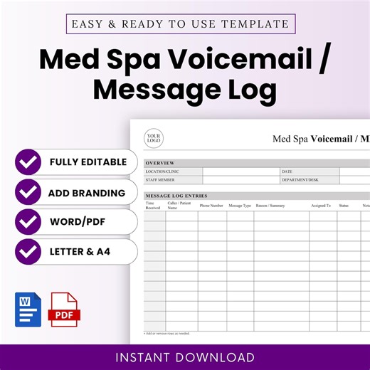 Med Spa Voicemail / Message Log Template – Word & PDF, A4   US Letter - Etsy UK