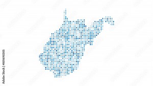 West Virginia dotted digital map. Map of West Virginia with pulsating colored circles. Shape of the US state filled with blue disks. Powerful video.