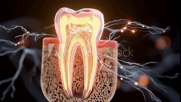 Tooth Anatomy: A detailed, illuminated cross-section of a tooth, revealing its internal structure, including the pulp, dentin, and root, highlighted against a dark background.