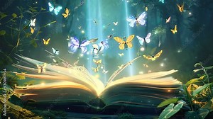 magic book with magic light and butterfly flying out of book page