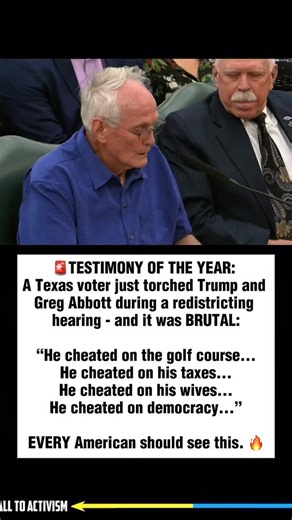 1.3M views · 85K reactions | TESTIMONY OF THE YEAR: A Texas voter just torched Trump and Greg Abbott during a redistricting hearing - and it was BRUTAL: “He cheated on the golf course... He cheated on his taxes... He cheated on his wives... He cheated on democracy...” EVERY American should see this. #trumpisguilty #sharethis #lockhimup #project2025 #stoptrump #nevertrump #politicalmemes | CALL TO ACTIVISM | Facebook