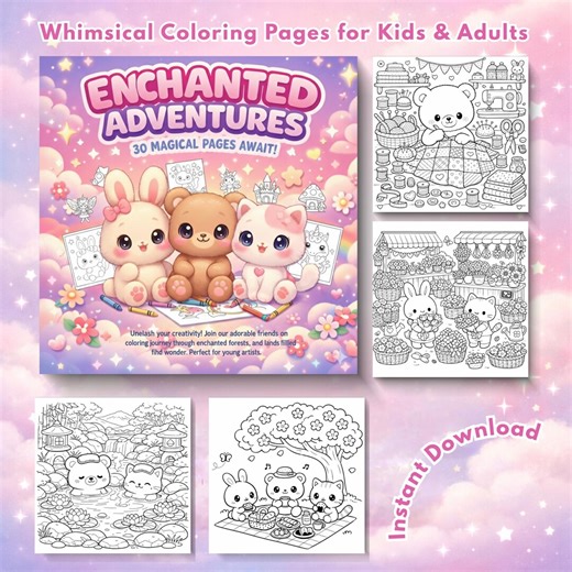 Enchanted Adventures Coloring Book for Kids, 25 Magical Pages, Cute Animals, Fairy Tale Activity, Toddler Art, Digital Download, Printables - Etsy