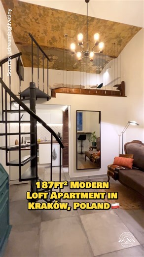 What do you think of this 187-sqft modern loft apartment? I found this micro loft right in the Old Town of Kraków! Inside this small home, there is a small living space with a couch & desk, a small closet, a bar top for two with views of the courtyard, a small kitchen with basic appliances, a beautiful bathroom with a full-size tile shower, & a bedroom loft! 📍Kraków, Poland 🇵🇱 #smallhouse #apartment #loft #hometour #housetour | Dream Big Live Tiny Co.