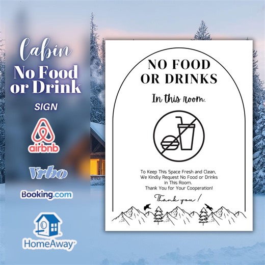 Airbnb Cabin No Food or Drinks Sign Printable, No Eating Sign, Rental House Rules Sign, Cabin Decor Wall Art, Editable Canva - Etsy