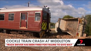 Witnesses have described the shocking moment an earthmoving truck slammed into the Cockle Train at Middleton. No one was seriously injured but the impact caused the train to derail and the truck driver has been fined. The latest in 7NEWS Adelaide at 6pm | www.7NEWS.com.au #7NEWS | 7NEWS Adelaide