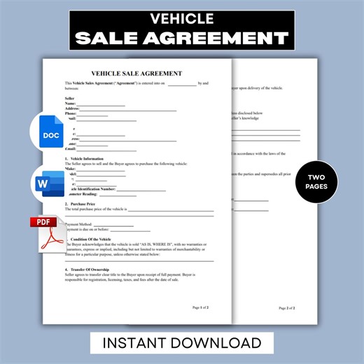 Vehicle Sale Agreement - 2 Pages, Printable Car Sale Agreement PDF, Word and Google Docs Contract Template, Private Car Sale Contract - Etsy Australia