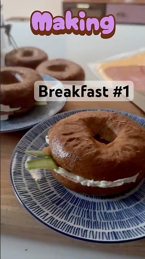 Kids “eating breakfast” #1. Whole meal bagels, cream cheese and salmon.