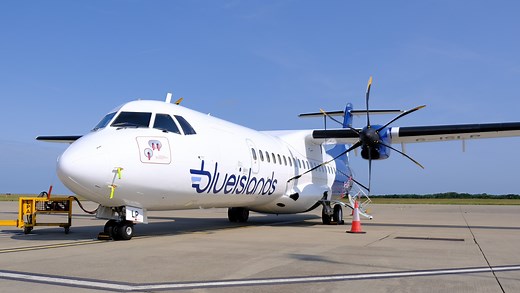 ✈️ Here’s Sonia and Tim with our new aircraft G-ISLP which is joining our fleet today, our first ATR 72-600, and ready to welcome you on board this summer. | Blue Islands