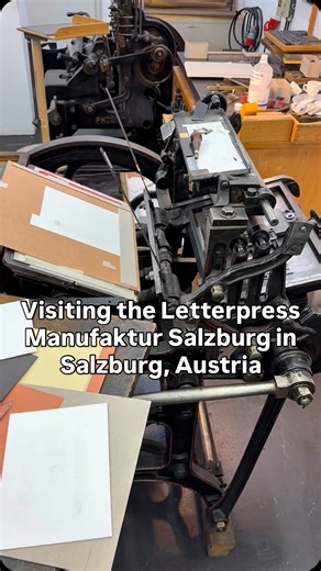 Letterpress still exists all over the world, folks, not just in a museum! While traveling in Central Europe, Jared visited Letterpress Manufaktur Salzburg in Salzburg, Austria. In this video, Jared tours the workshop, sets some type, and does some letterpress printing and embossing with Bernhard using a circa 1860 Liberty jobbing press. The phrase “Sacramento visits Salzburg” was typeset with 48 point Sans Serif font. Annette Rollny and Bernhard Müller have a design agency in Salzburg for graphi