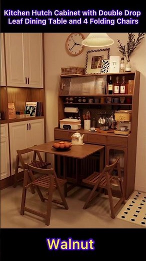 Kitchen Hutch Cabinet with Double Drop Leaf Dining Table and 4 Folding Chairs Walnut