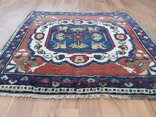 Antique Square Rug, Medium Small Area Rug, 3x3 Oushak Wool Rug, Persian Geometric Rug, Blue and Red Bath Rug, Door Mat Vintage Rug 2x2 - Etsy