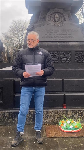 6.3K views · 230 reactions | Frankie Quinn reads his latest fantastic poem, inspired by, and written in memory of, the three Manchester Martyrs, Allen, Larkin and O’Brien, as part of Saturday’s Manchester Martyrs commemoration in Moston cemetery, Manchester, 23rd of November, 2024. ☘️ | 1916 Societies | Facebook