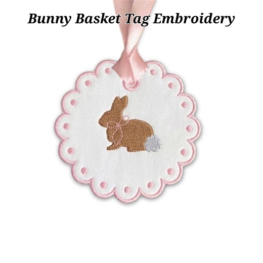 ITH Heirloom Bunny Easter Basket Tag Embroidery Design | Scalloped Machine Embroidery File