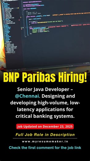 Latest MNC Banking Jobs in Chennai! Join BNP Paribas as a Sr. Java Developer. Apply Now! Position: Senior Java Developer Job Description: Designing and developing high-volume, low-latency applications for critical banking systems. Responsible for managing Java/Java EE application development. Location: Chennai, Tamil Nadu Skills Required: Java 11/17, Spring Boot, Microservices, Hibernate, and SQL. Eligibility: Bachelor’s or Master’s degree in Computer Science or related fields with 5 years of ex