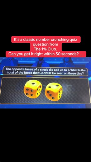 It’s a question from TV’s The 1% Club that needs your mental maths brain to work quickly. Are you able to solve the brain teaser in 30 seconds? Please like, follow and comment. Answer spoiler: @ @ @ @ @ Answer: 21 You can see all the numbers 1 to 6 once here and they add up to 21. The opposite faces of the dice will add up to the same number. #tv #itv #theonepercentclub #quiz #brainteaser