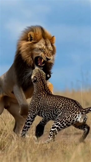 Savanna Showdown: Intense Clash Between a Lion and a Leopard #lion #africa 雄獅與花豹在草原上的激烈爭鬥