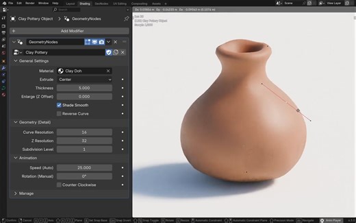 Shader Artist and Blender Add-on Developer Rahul Parihar known online as DoubleGum showcased a new Geometry Nodes tool for visualizing lifelike 3D pottery. A 3D object rotates like on a real-life potter's wheel: https://80.lv/articles/check-out-this-blender-tool-for-creating-digital-pottery/ | 80 Level