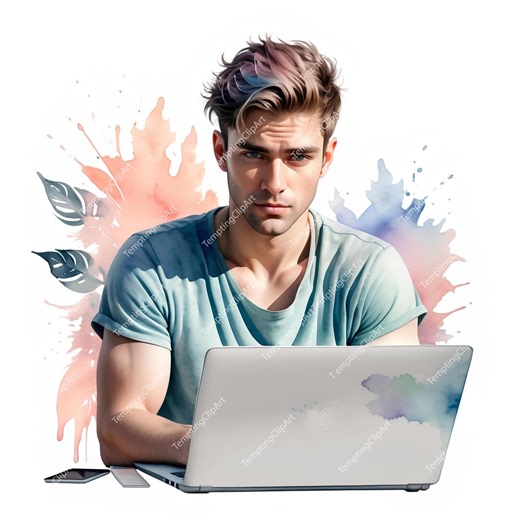 10 Man at Laptop Clipart | Male Portrait, Workspace Art, Watercolor Clipart, High Quality Jpgs, Digital Download, Paper Craft, Junk Journals - Etsy UK