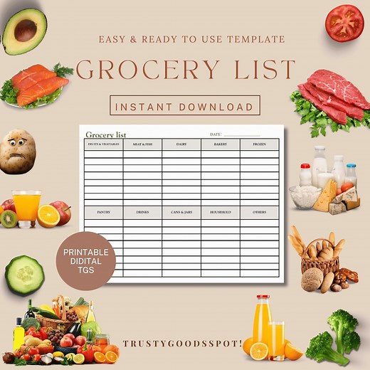 Grocery List Printable | Shopping List Template | Weekly Food Planner | Kitchen Organizer | Instant Download PDF - Etsy