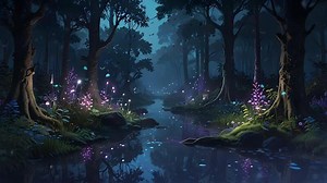 Download A serene forest scene at dusk with a stream, glowing flowers, and a pink-hued sky peering through the silhouette of trees. for free