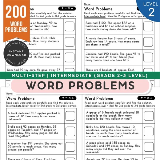 2nd Grade to 3rd Grade Intermediate Math Word Problems – 200 Problems, Addition, Subtraction, Multiplication, Division, Homeschool Resources - Etsy Canada