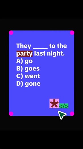 🎉✨ Daily English Grammar Quiz – Simple Past Tense ✨🎉 Question: They _____ to the party last night. A) go B) goes C) went D) gone ✅ Correct Answer: C) went 💡 Explanation: We use “went” as the past tense of “go” to talk about an action that happened in the past. 🗣️ Example: They went to the party last night. 🎈 #englishgrammar #pasttense #englishquiz #learnenglish #dailyenglish #englishplanet #englishplanet786 #learnenglish #englishlearning #shorts #englishplanet #englishtips #spokenenglish #e