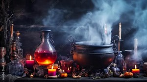 Magical Witch's cauldron with lit candles and dried herbs, emitting steam in a dark, mystical setting. Concept of witchcraft, Halloween, potion making, mystical ritual.