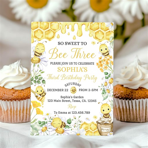 EDITABLE Bee Three Invitation, Bee Birthday Invitation, Our Little Honey Birthday Party, Bumble Bee Theme Invite, Instant Download. H003 - Etsy Canada