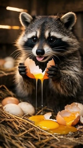 Hermoso mapache bebe alimentándose, 🐾💛