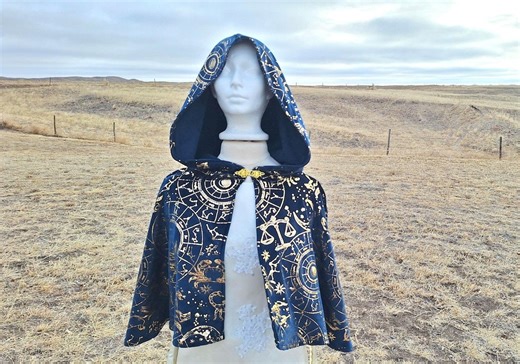 Blue Velvet Hooded Capelet: Gold Astrology Pattern, Renaissance Costume - Etsy