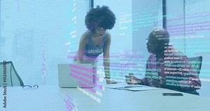 Woman leaning over laptop and tapping keyboard, initiating code overlay while reviewing tech report Stock Video