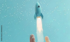 A rocket taking off from the hand, in a 3D cartoon style